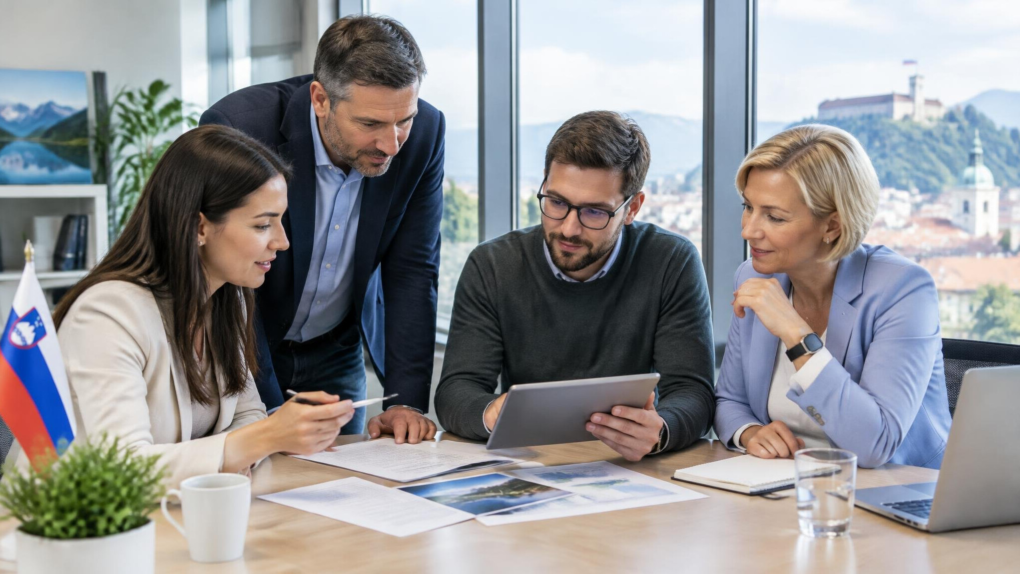 Team of colleagues discussing documents in a bright office